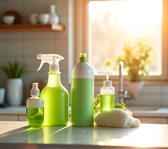 Umweltfreundliche Reinigungsmittel in einer sauberen, sonnigen Küche